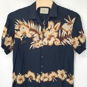 Island Fever Aloha Shirt Mens L Navy Blue Floral Hibiscus Rayon Camp Button Down